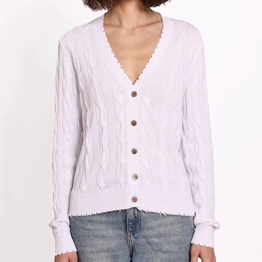 Minnie Rose Frayed V-Neck Cable Cardigan - White - Size Small